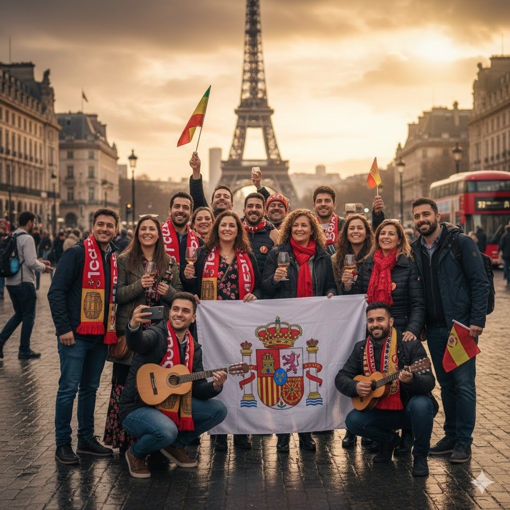 Grupo de personas con banderas de Jerez y símbolos locales en una ciudad internacional, representando a los jerezanos en la diáspora.