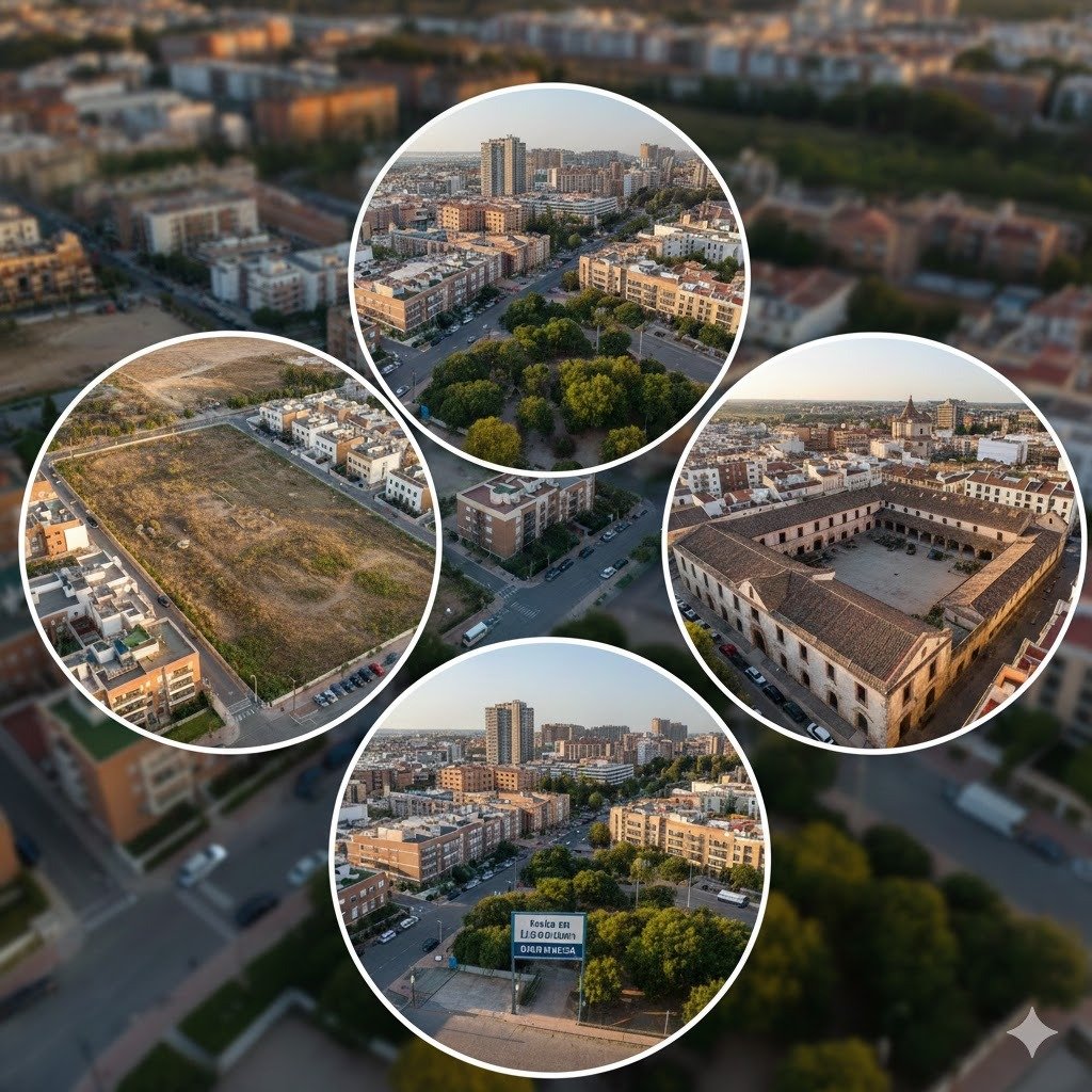 Vista aérea fotorrealista de parcelas residenciales y zonas urbanas en Jerez de la Frontera, mostrando suelos finalistas, edificios modernos y una bodega histórica para ilustrar la licitación de Emuvijesa.