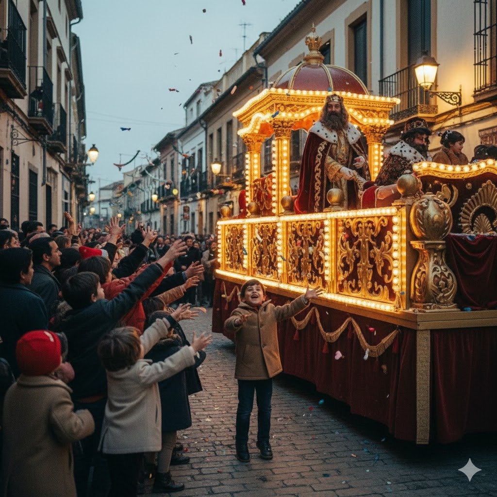 Imagen de época de una colorida cabalgata de los Reyes Magos en los años 70 en Jerez, con carrozas iluminadas, niños entusiasmados recogiendo caramelos en las calles y una atmósfera mágica de celebración tradicional.