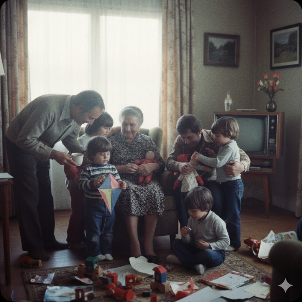 Primer plano detallado de manos envejecidas sosteniendo con delicadeza una fotografía antigua en blanco y negro de una familia unida, simbolizando el legado de amor, la nostalgia y las tradiciones generacionales que trascienden los regalos materiales.
