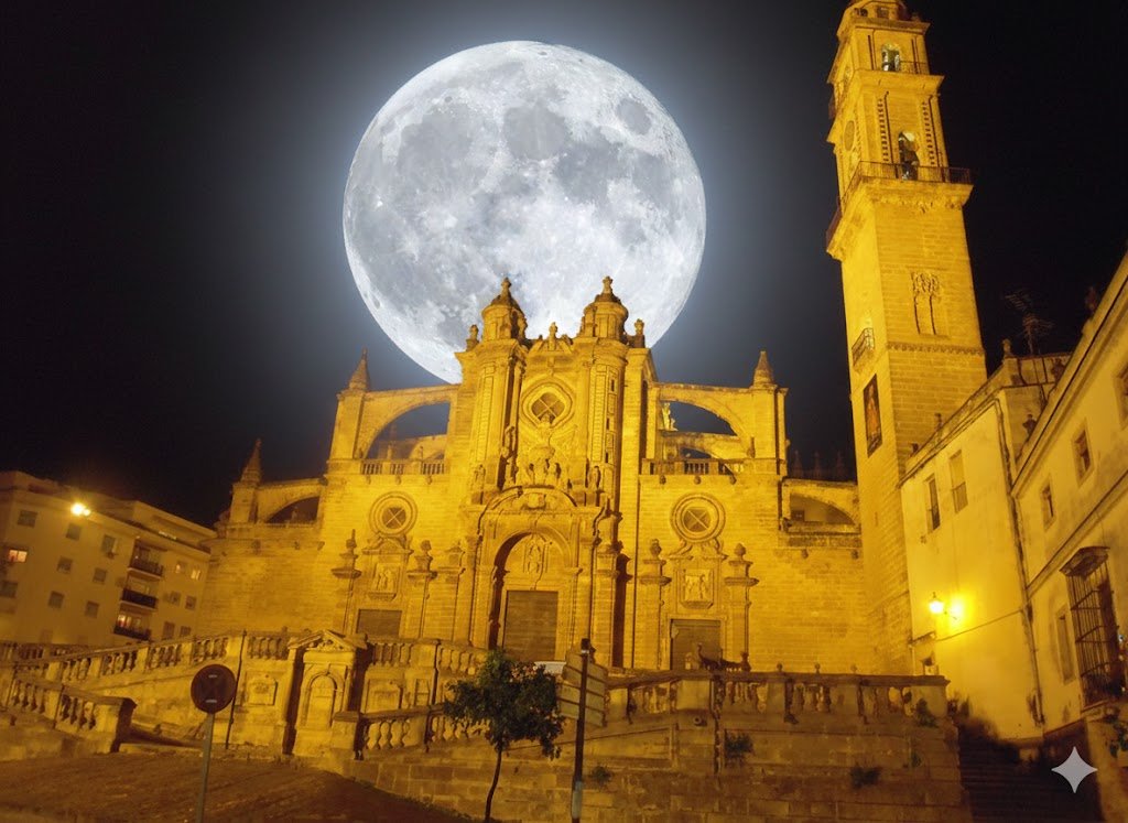 Luna de Nieve 2026 en Jerez iluminando la Catedral y la torre del campanario en una noche despejada de invierno con gran detalle de los cráteres lunares.