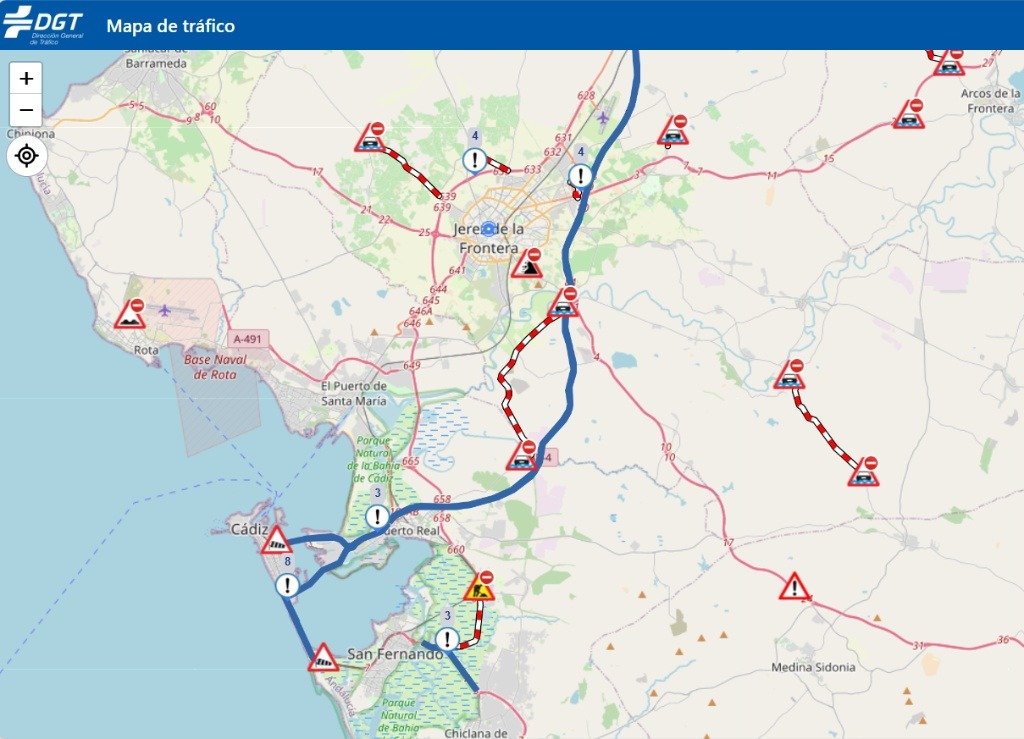 Mapa de tráfico de la DGT que muestra múltiples carreteras cortadas y avisos por inundaciones en Jerez de la Frontera y la provincia de Cádiz debido al temporal.