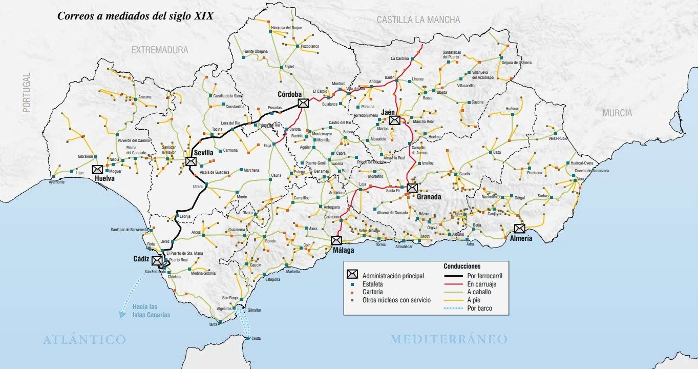 Mapa histórico de las rutas del servicio de correos en Andalucía a mediados del siglo XIX, detallando estafetas, carterías y rutas de postas a caballo y ferrocarril.
