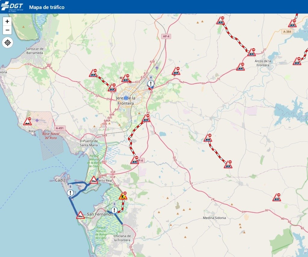 Mapa de tráfico de la DGT de la provincia de Cádiz y Jerez de la Frontera mostrando múltiples avisos de carreteras cortadas e incidencias por inundaciones tras el temporal.