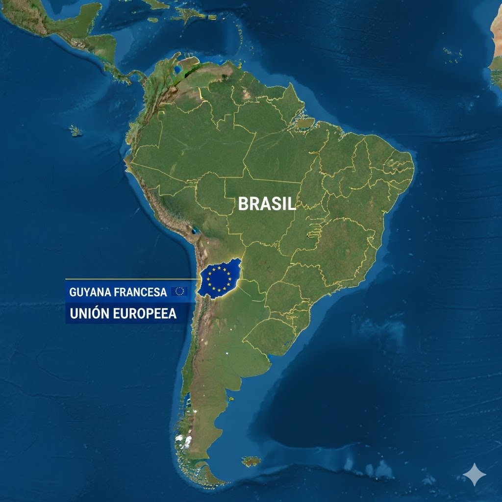 Mapa geopolítico detallado que destaca la ubicación de la Guayana Francesa en el continente sudamericano resaltada con los colores de la bandera de la Unión Europea.