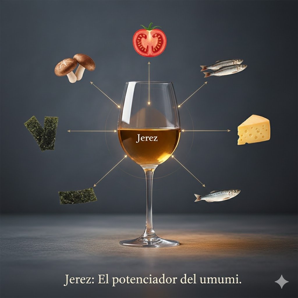 Infografía técnica sobre el Jerez como potenciador del sabor umami, conectando una copa de vino con ingredientes como tomate, queso, algas y pescado.