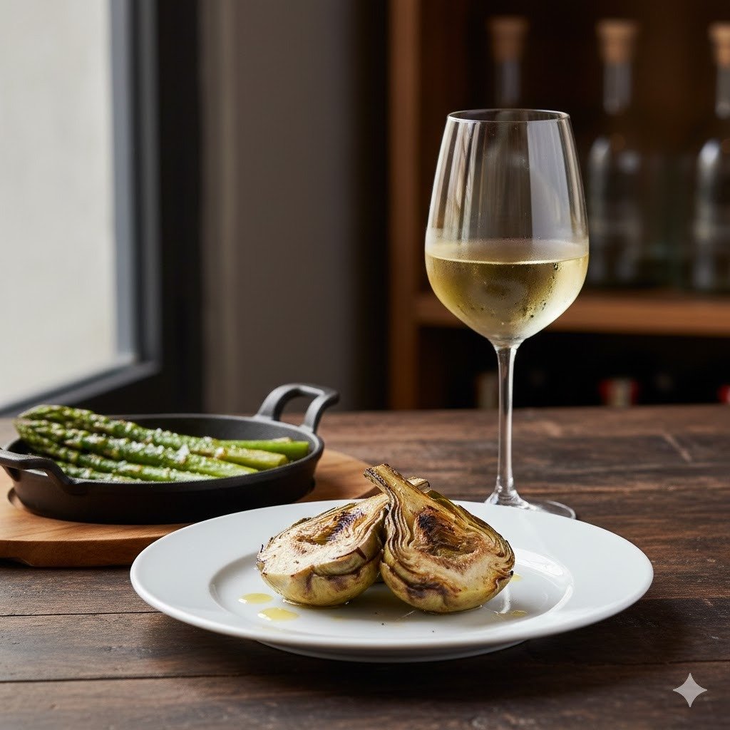 Primer plano de alcachofas asadas y espárragos trigueros maridados con una copa de vino Fino de Jerez en ambiente de restaurante profesional.