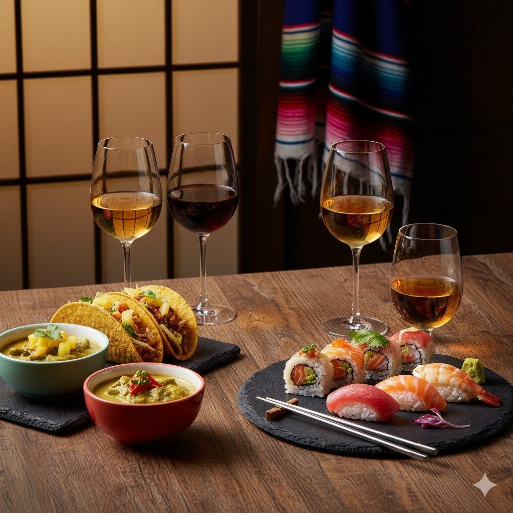 Selección de sushi japonés y tacos mexicanos acompañados por diferentes tipos de vino de Jerez para un maridaje de contraste internacional.