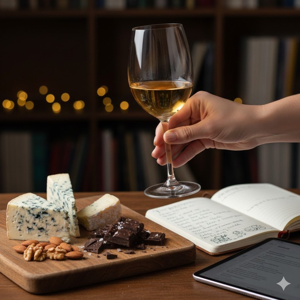 Persona sosteniendo correctamente una copa de Jerez junto a una tabla de queso azul, chocolate negro y un cuaderno de notas para cata profesional.