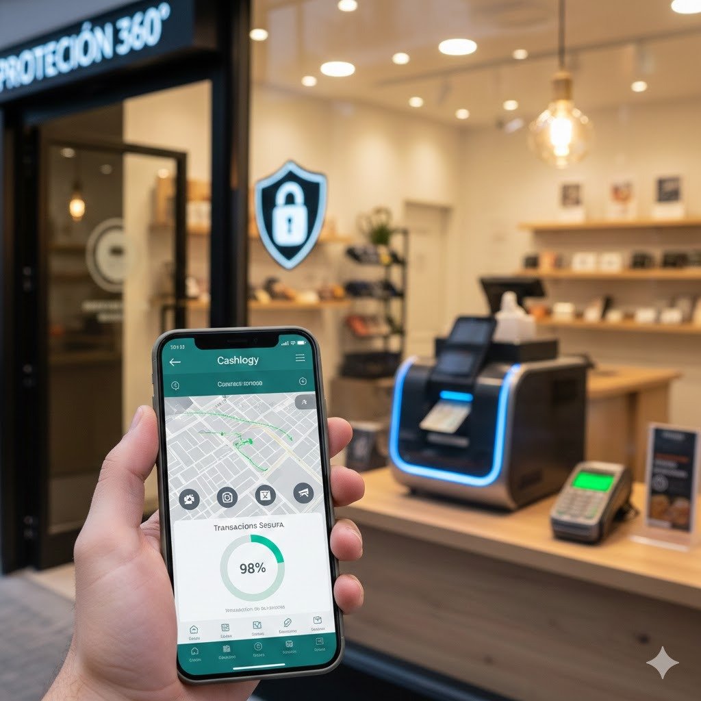 Smartphone mostrando una aplicación de seguridad y control de caja junto a un terminal de gestión automática de efectivo y TPV en el mostrador de un pequeño comercio moderno protegido con videovigilancia