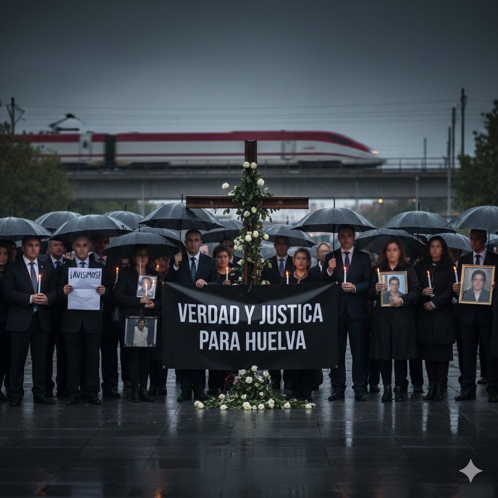 Concentración fúnebre de familias bajo la lluvia con pancarta pidiendo justicia por el accidente de tren en Córdoba y trabajadores fallecidos de Huelva, con tren de alta velocidad al fondo.