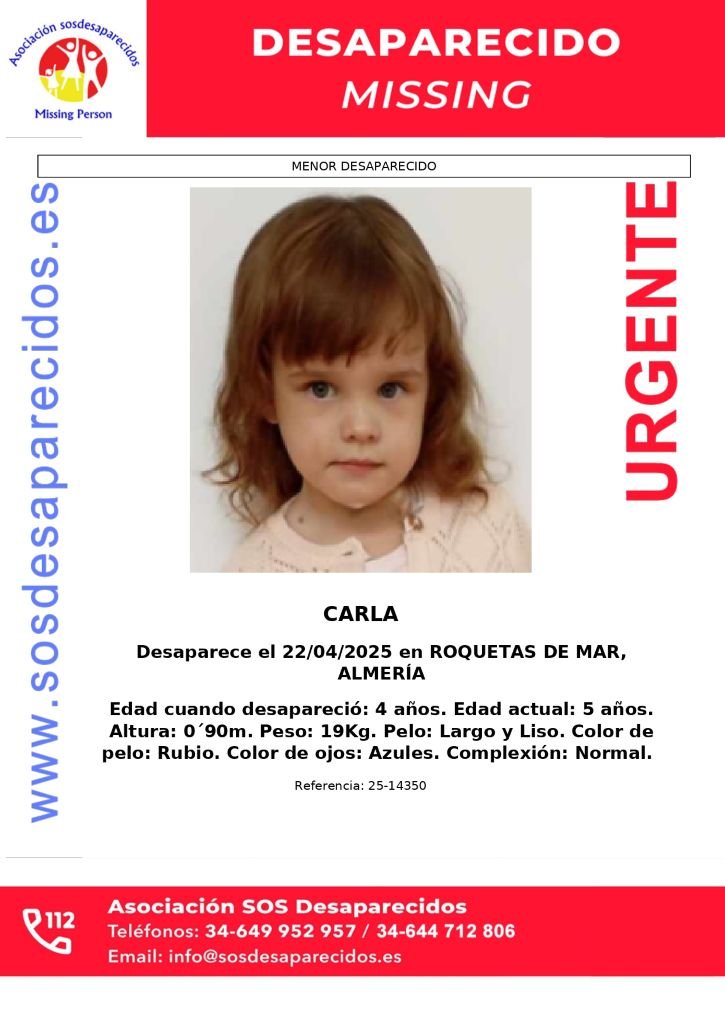 Alerta por la niña desaparecida en Roquetas de Mar Carla: Máxima colaboración ciudadana