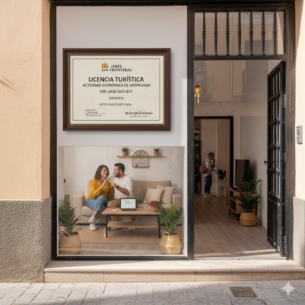 Vivienda de uso turístico en planta baja en Jerez de la Frontera cumpliendo la nueva normativa del PGOU de 2026 con licencia de actividad económica visible.