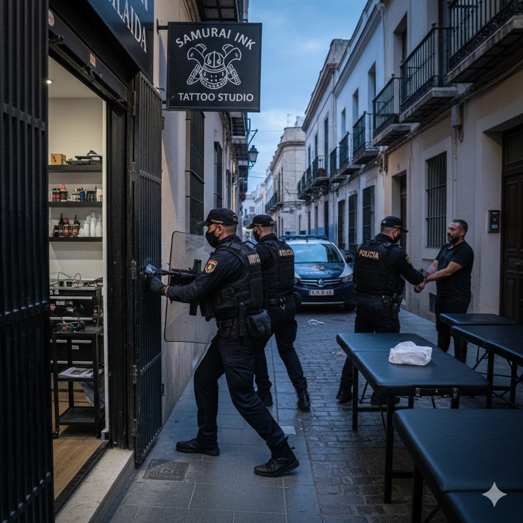 Agentes de la Policía Nacional de la UDYCO intervienen en un estudio de tatuajes durante la Operación Samurai en Cádiz por tráfico de cocaína.