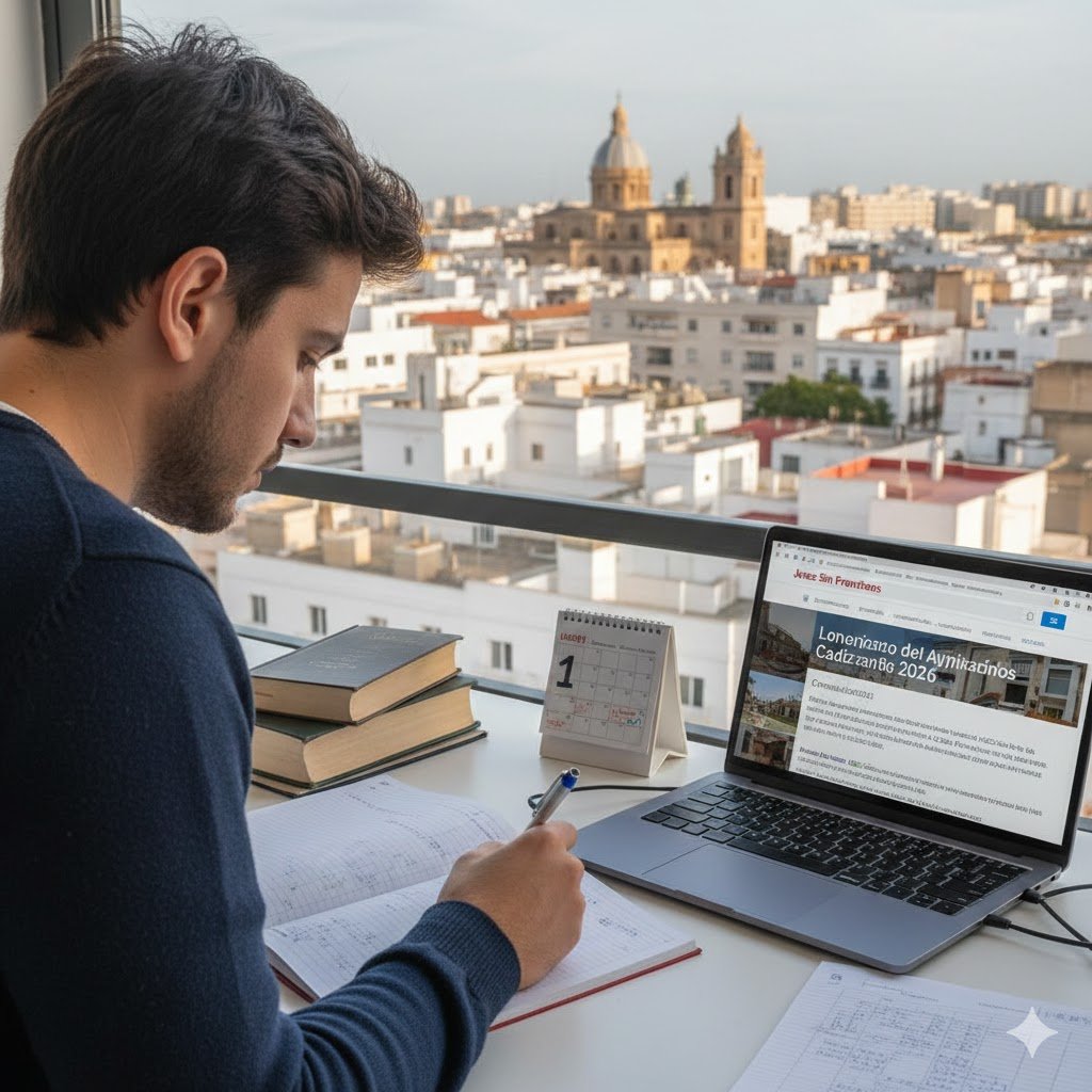 Opositor estudiando para las oposiciones Ayuntamiento de Cádiz 2026 con vistas a la Catedral y un ordenador portátil con la web de Jerez sin Fronteras.