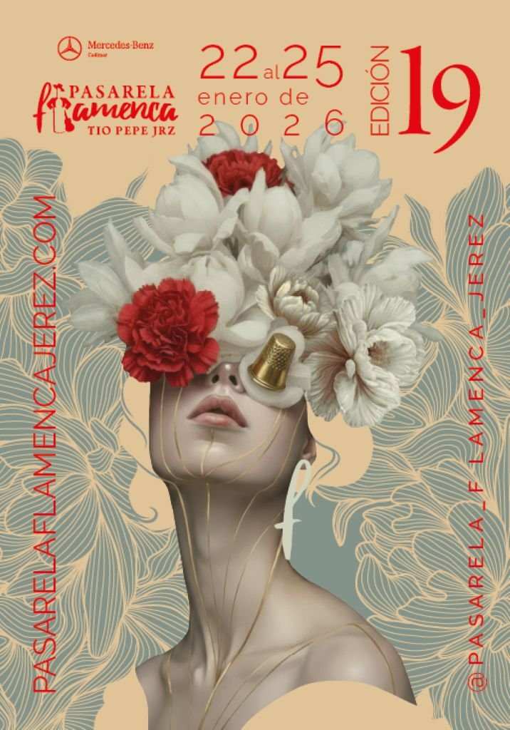 Cartel oficial de la Pasarela Flamenca Tío Pepe 2026 en Jerez de la Frontera, con una figura femenina adornada con flores blancas y rojas.