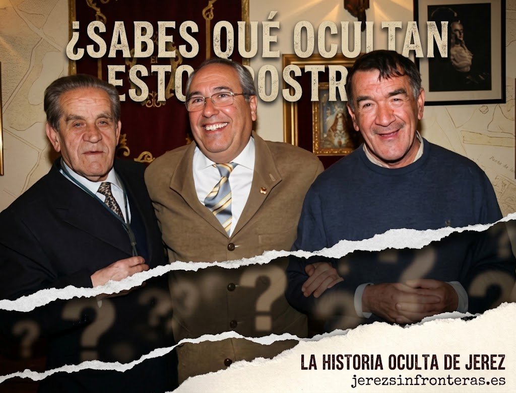 Tres hombres sonrientes abrazados en un espacio interior, representando a Pepe Castaño junto a Emilio El Guardia y Manolito El del Huerto de Jerez de la Frontera.