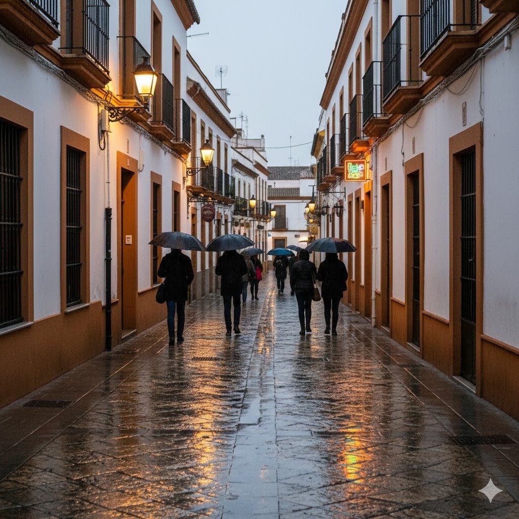 Calle típica de Jerez de la Frontera con el suelo de adoquines mojado por la lluvia, fachadas blancas tradicionales, farolas encendidas y personas con paraguas al atardecer.