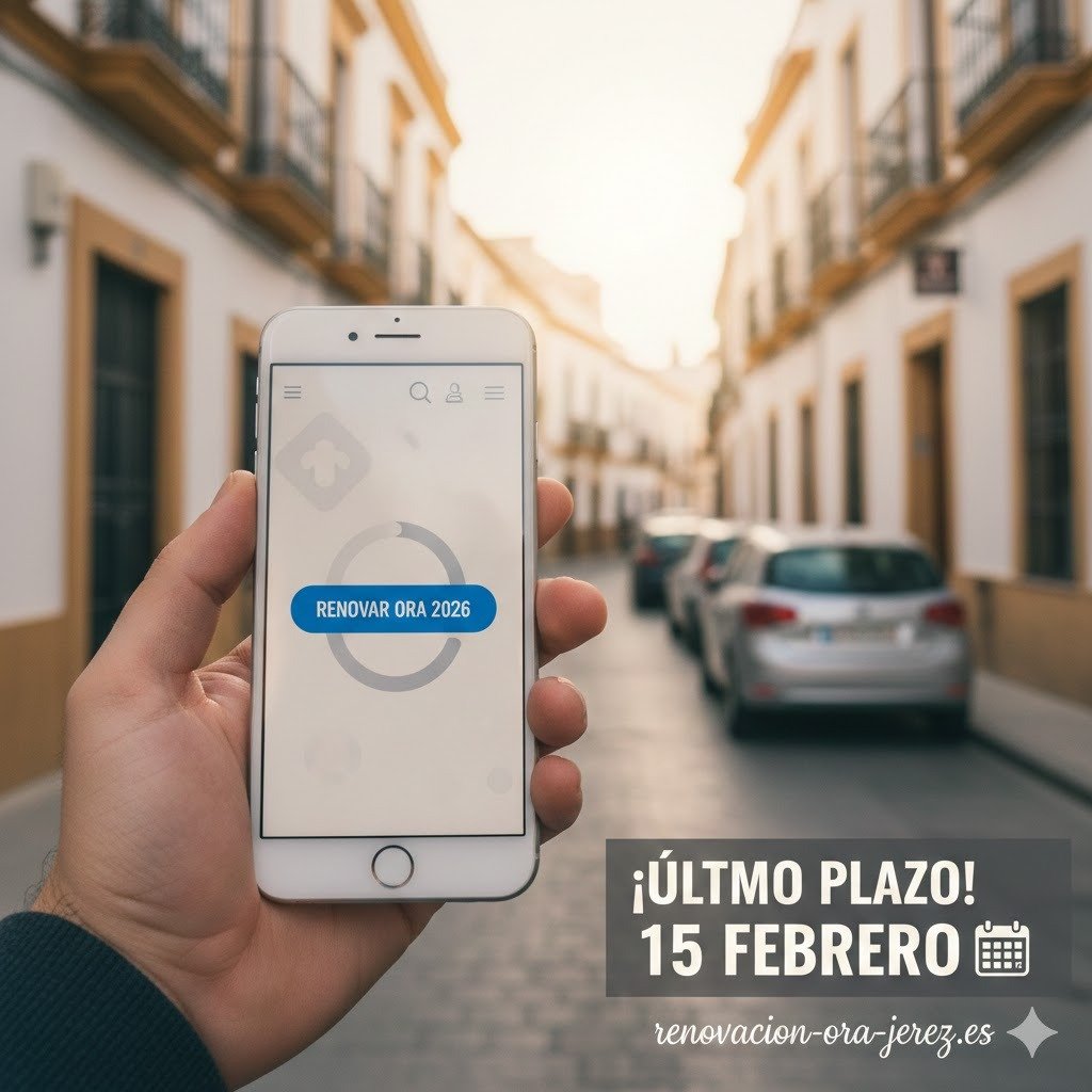 Primer plano de una mano sosteniendo un smartphone con el botón "Renovar ORA 2026" en pantalla, con una calle típica de Jerez de la Frontera y coches aparcados de fondo difuminado. En la esquina inferior derecha destaca un aviso que indica "Último plazo: 15 de febrero" para la renovación de aparcamiento en zona ORA.