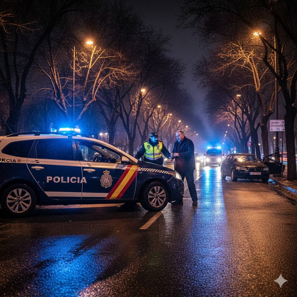 Policía Local de Jerez realizando un control de alcoholemia nocturno en invierno con luces de emergencia azules reflejadas en el asfalto mojado.