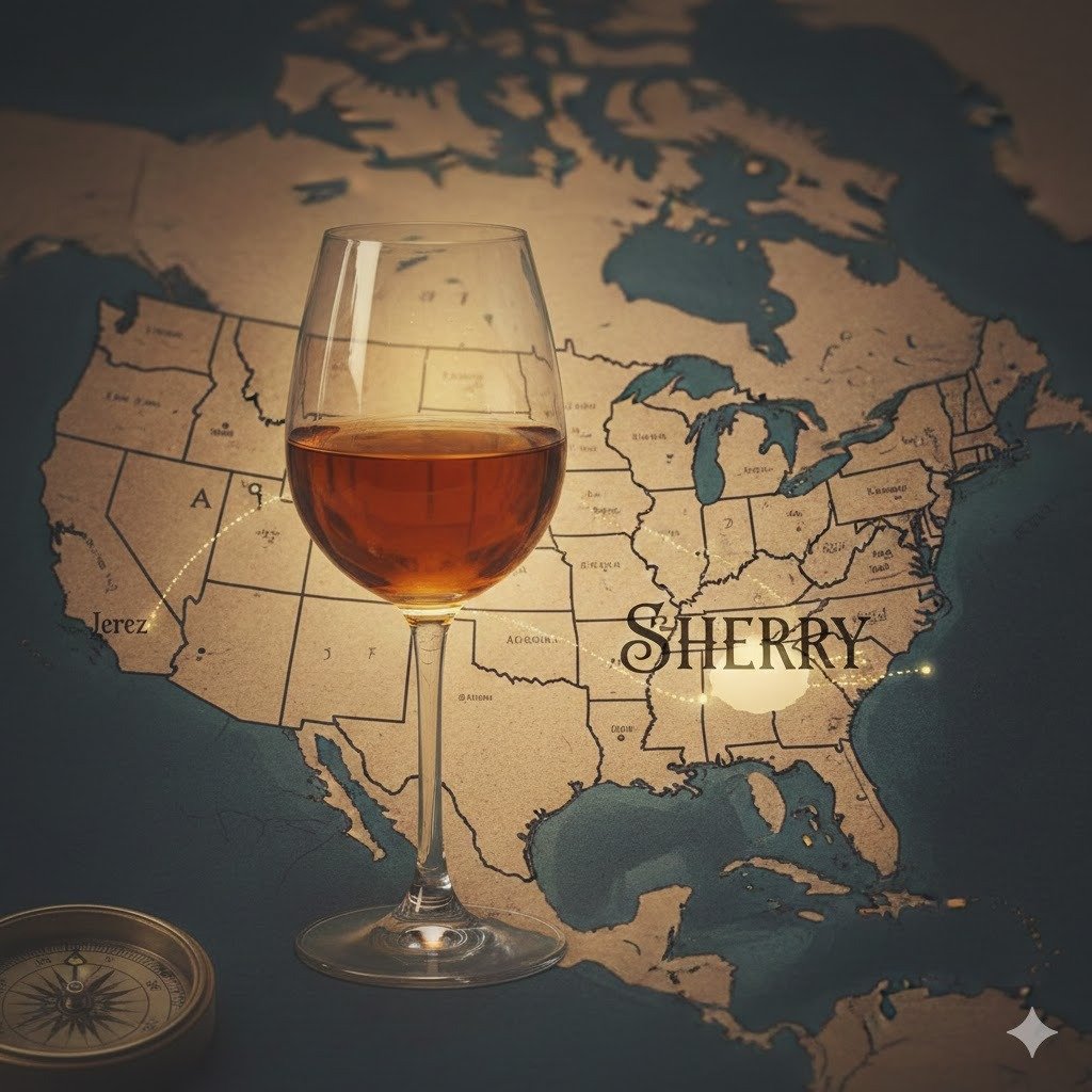 Mapa antiguo de los Estados Unidos con una copa de vino de Jerez en primer plano, ilustrando la conexión histórica y la marca Sherry en el mercado norteamericano para un análisis de identidad geográfica.