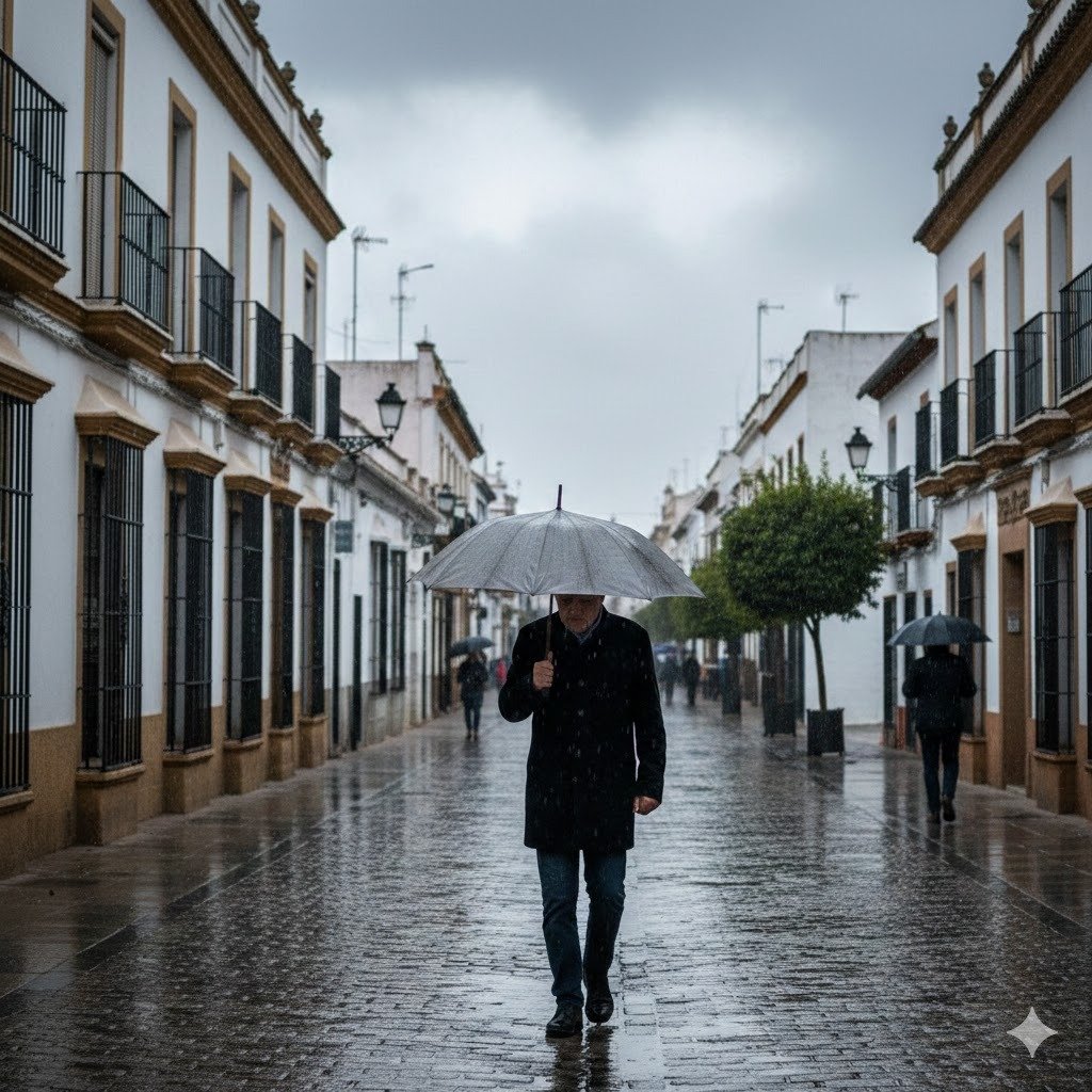 Hombre caminando con paraguas por una calle peatonal típica de Jerez de la Frontera durante un día lluvioso de invierno, suelo mojado y arquitectura tradicional andaluza de fachadas blancas.