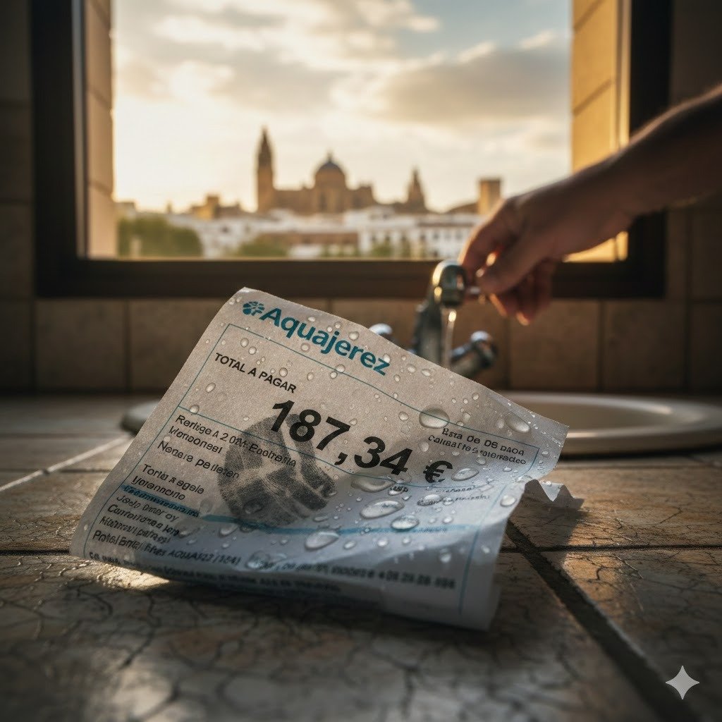 Factura de agua de Aquajerez con importe elevado sobre encimera y vistas desenfocadas de la Catedral de Jerez de la Frontera al fondo.