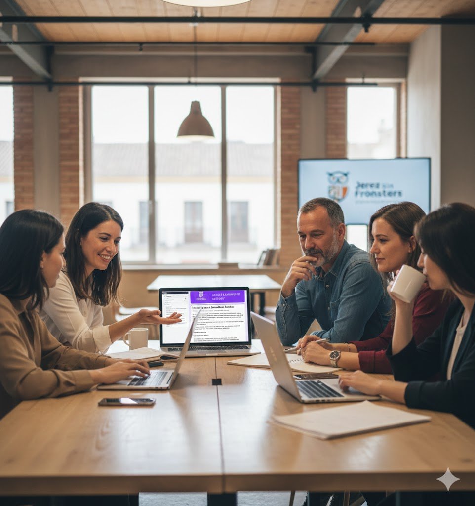 Grupo de personas adultas de diversas edades colaborando con ordenadores portátiles en una oficina moderna para completar la encuesta del Proyecto IDEAL sobre aprendizaje permanente.