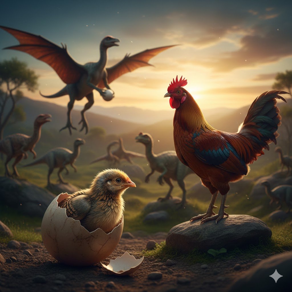 Evolución genética de la gallina mostrando dinosaurios al fondo, un huevo eclosionado con un polluelo y una gallina adulta en un paisaje natural al amanecer.