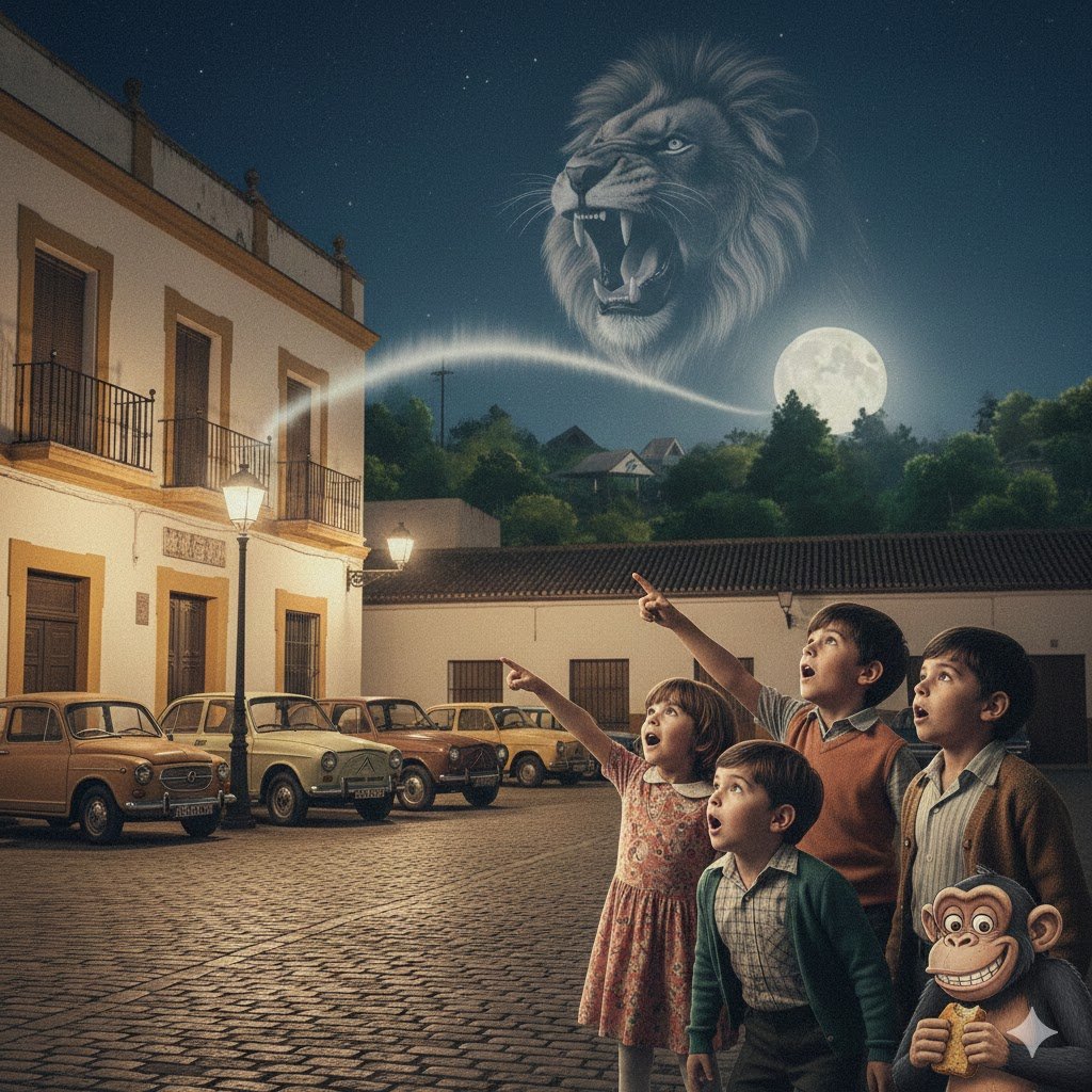 Niños en una plaza de Jerez de los años 70 mirando al cielo con asombro mientras se representa visualmente el rugido de un león sobrevolando los tejados y coches clásicos.