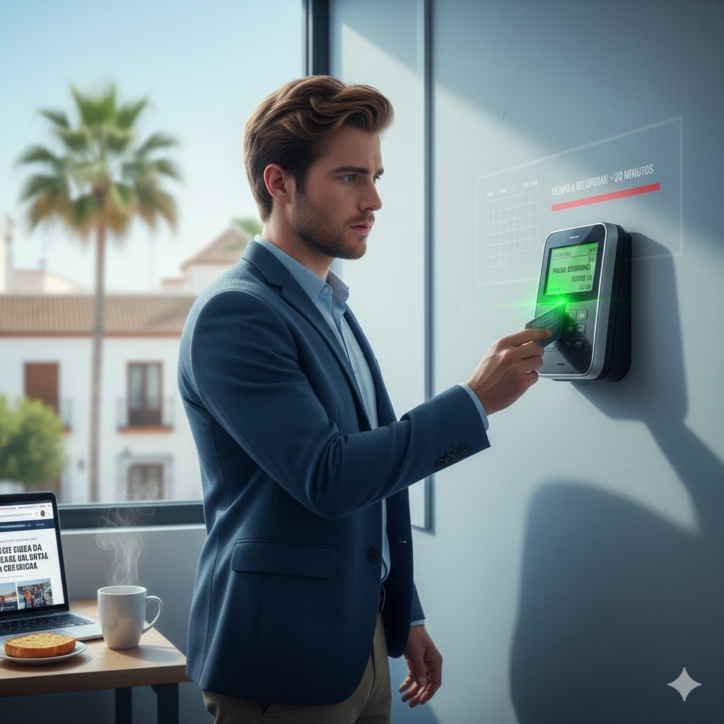 Trabajador administrativo en una oficina de Jerez de la Frontera fichando en un dispositivo de control horario junto a su desayuno, ilustrando el conflicto entre el registro de jornada y el tiempo de descanso.