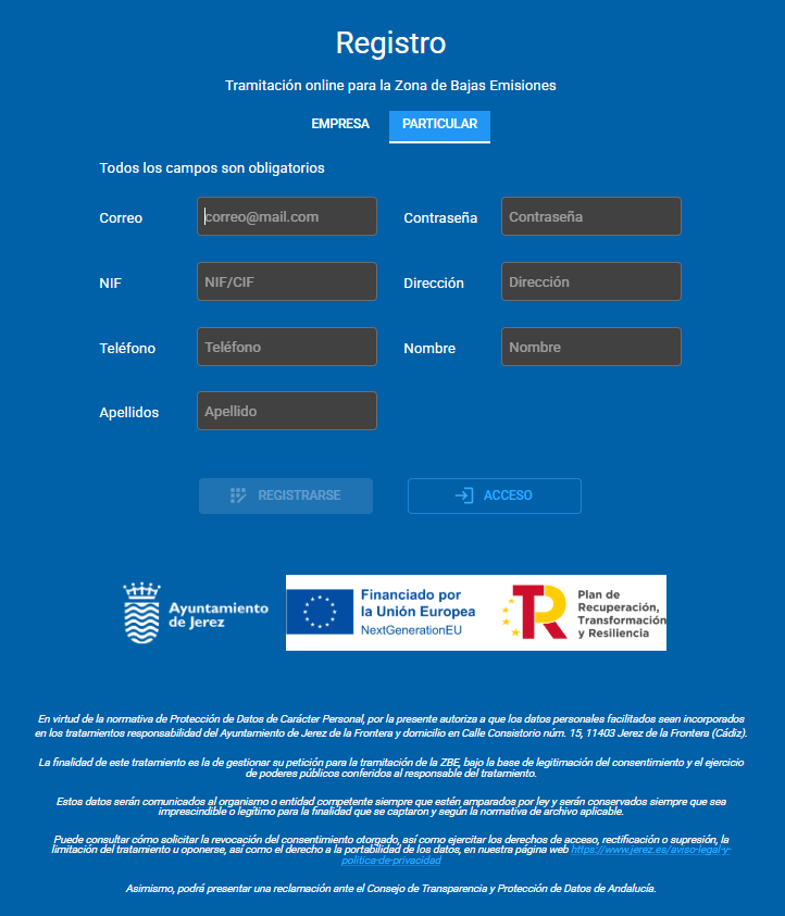 Interfaz de la plataforma de registro para la Zona de Bajas Emisiones de Jerez, donde se muestran los campos obligatorios para el alta de usuarios particulares, incluyendo correo electrónico, NIF, dirección, teléfono, nombre y apellidos, junto con los logotipos del Ayuntamiento de Jerez y del Plan de Recuperación, Transformación y Resiliencia.