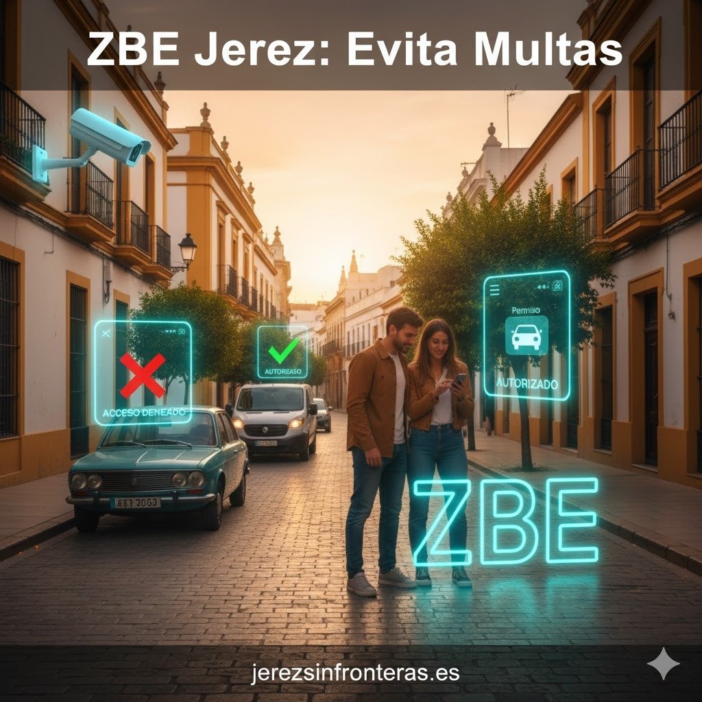Pareja de ciudadanos consultando el registro de vehículos para la Zona de Bajas Emisiones en Jerez desde un teléfono móvil en una calle del centro histórico, con elementos gráficos que simulan el control de cámaras de la ZBE y la aprobación de acceso.
