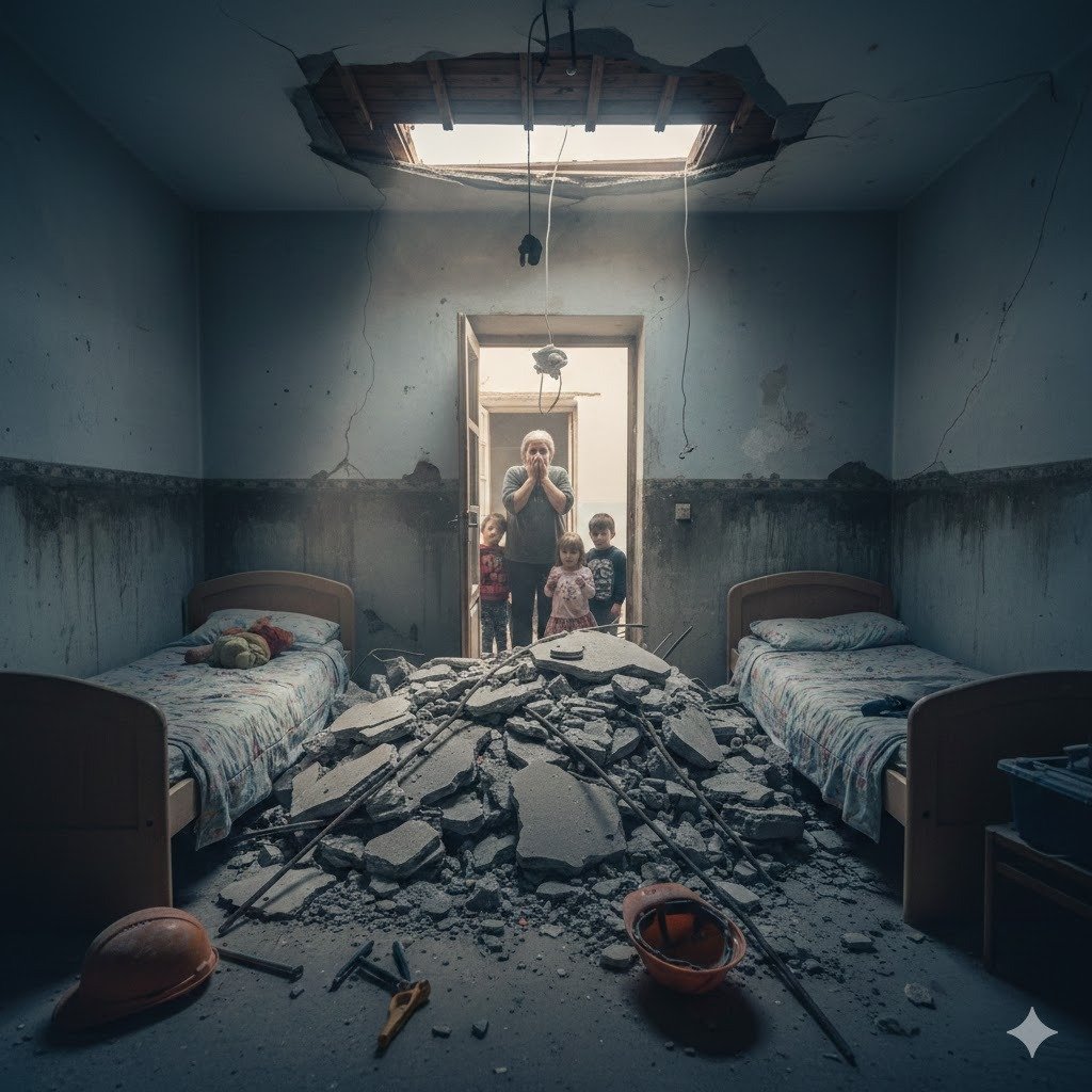 Derrumbe de techo sobre camas infantiles en una vivienda de la barriada de La Asunción en Jerez, mostrando escombros de hormigón y grietas estructurales.