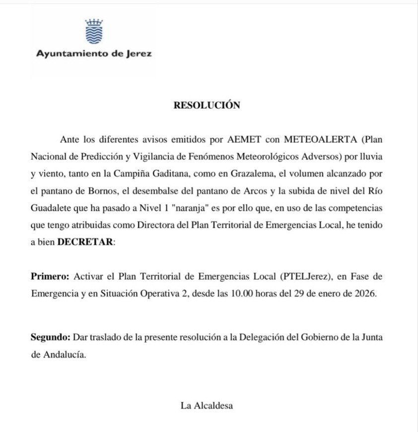 Resolución oficial de la Alcaldía de Jerez que decreta la activación del Plan Territorial de Emergencias Local (PTELJerez) en Fase de Emergencia y Situación Operativa 2 por la crecida del río Guadalete.