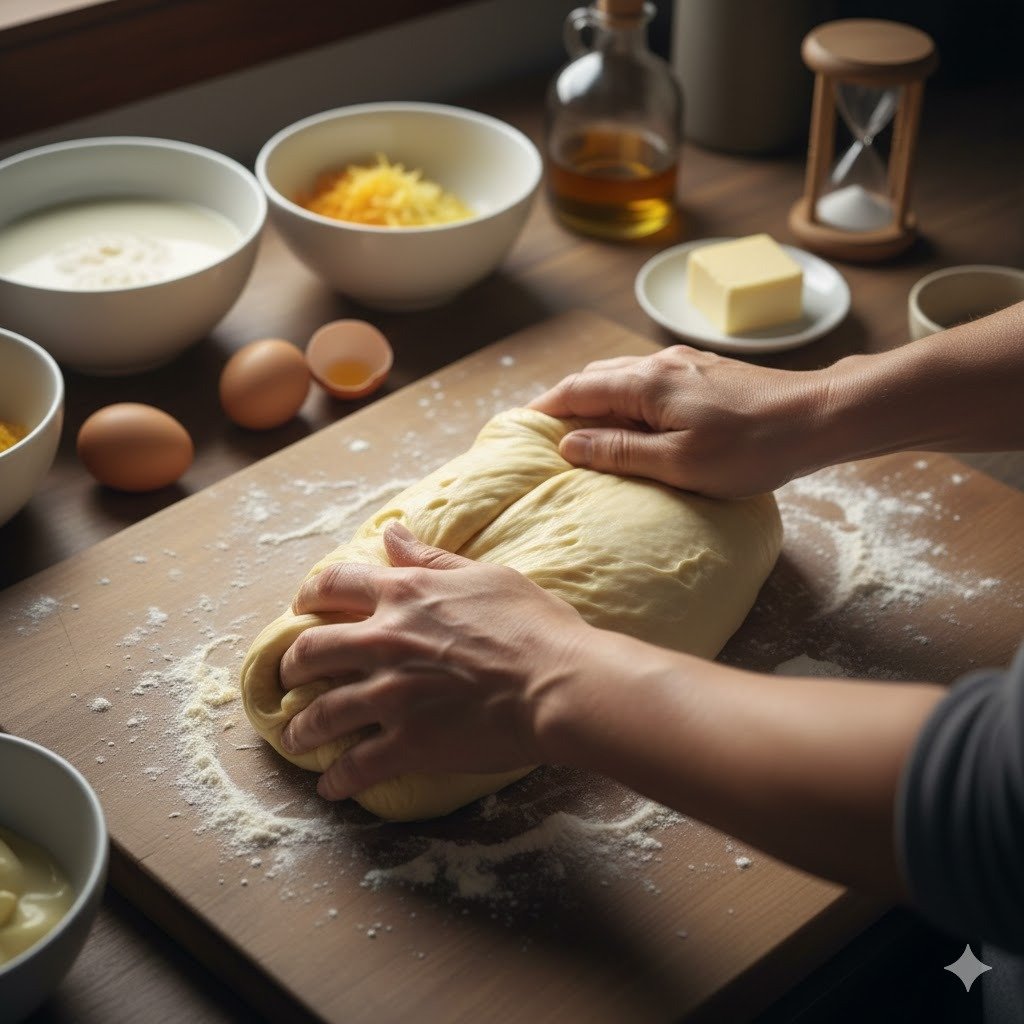 Masa de Roscón de Reyes casera en proceso de amasado manual sobre una superficie enharinada con ingredientes naturales como ralladura de cítricos y huevos de corral.