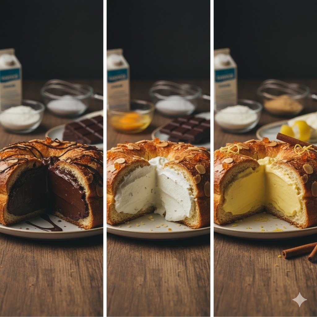 Primer plano de un corte de Roscón de Reyes relleno de nata montada de alta densidad, mostrando la textura de la miga y la decoración de fruta escarchada y almendras laminadas.