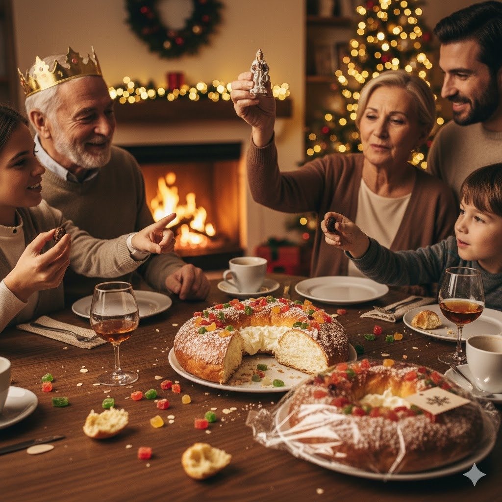 Bodegón gastronómico de un Roscón de Reyes horneado junto a una figurita de rey mago, un haba seca y una corona de cartón dorado sobre una mesa rústica.