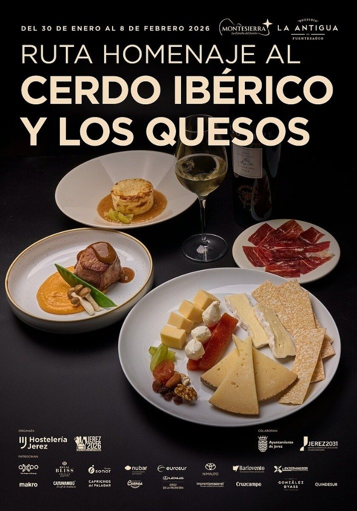 Cartel oficial de la Ruta Homenaje al Cerdo Ibérico y los Quesos en Jerez 2026 con logotipos de Montesierra, La Antigua y Hostelería de Jerez sobre fondo de dehesa.