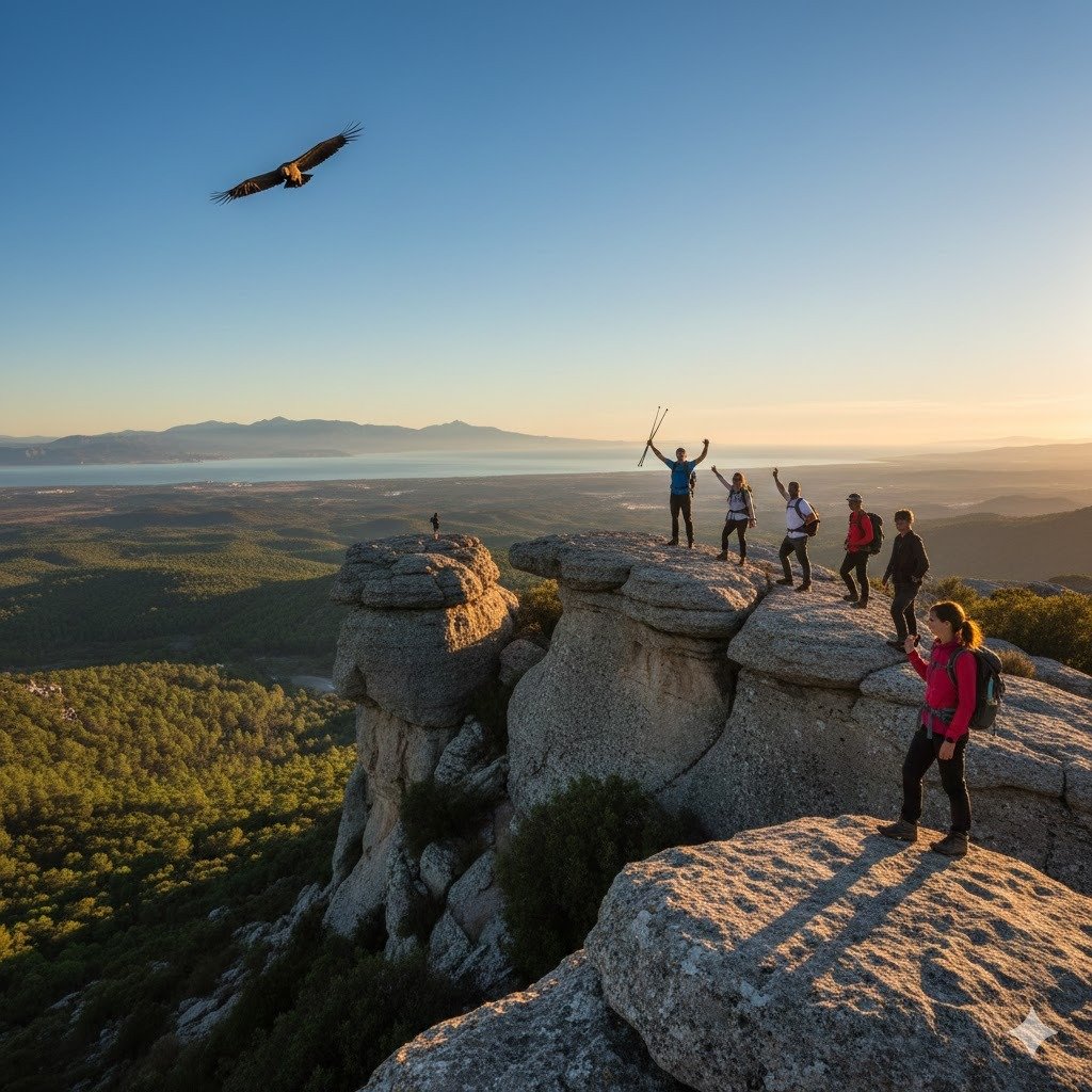 Grupo de senderistas en la cima de arenisca del pico El Picacho en el Parque Natural de los Alcornocales, con vistas panorámicas al bosque y al Estrecho de Gibraltar bajo un águila sobrevolando el cielo.