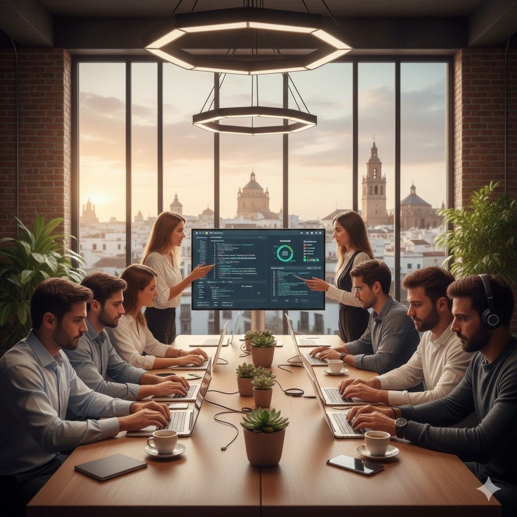 Profesionales en un espacio de coworking moderno en Jerez, con ordenadores y elementos tecnológicos, y de fondo una silueta reconocible de la ciudad.