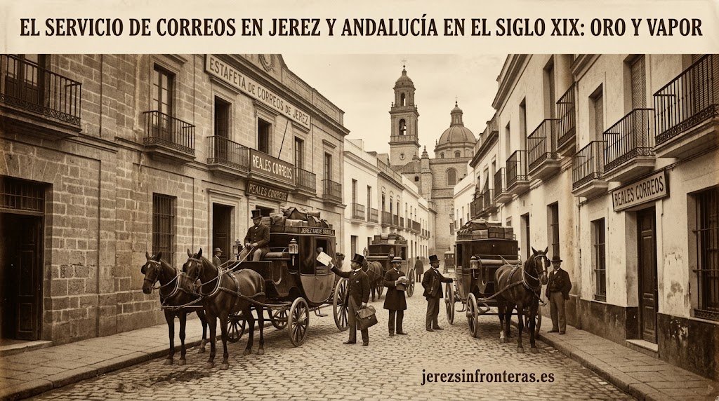 Fotografía en tono sepia de una calle empedrada de Jerez en el siglo XIX frente a la estafeta de correos, con carruajes de caballos cargados de correspondencia, carteros con chistera y la torre de la catedral al fondo, con el titular del artículo.