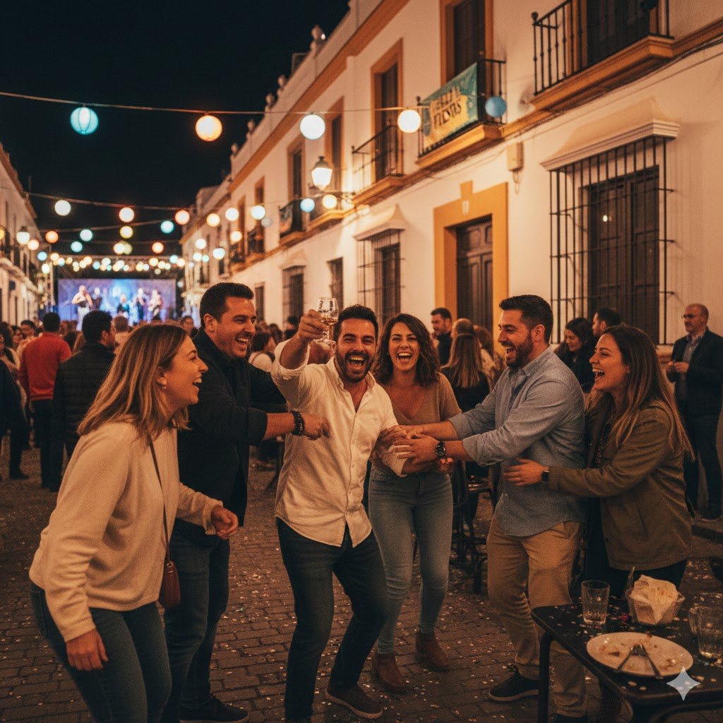 Grupo de amigos disfrutando en una calle típica de Jerez con alumbrado festivo, representando el significado de la palabra jartible en Cádiz y la pasión por las tradiciones locales.