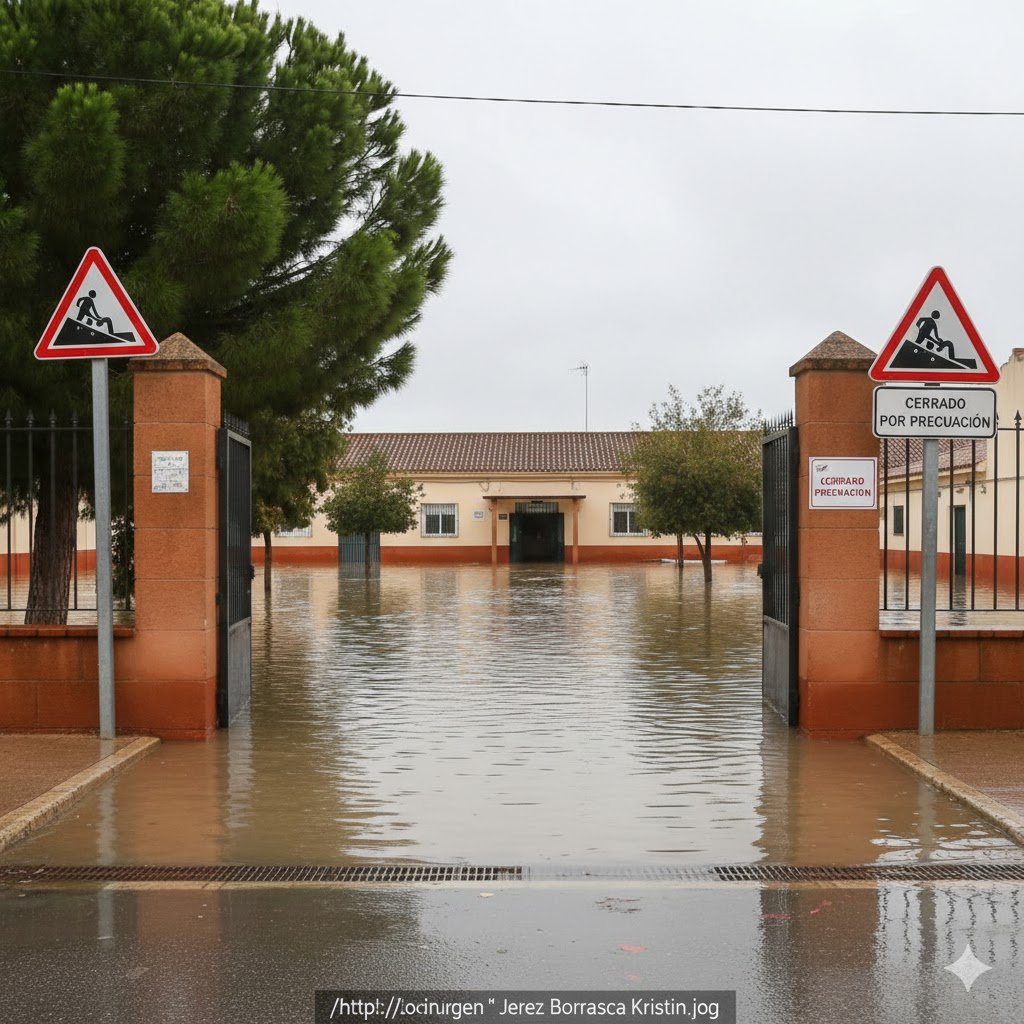 Patio de un colegio rural en Jerez de la Frontera inundado por las lluvias de la Borrasca Kristin, mostrando la suspensión de clases y el riesgo por el temporal.