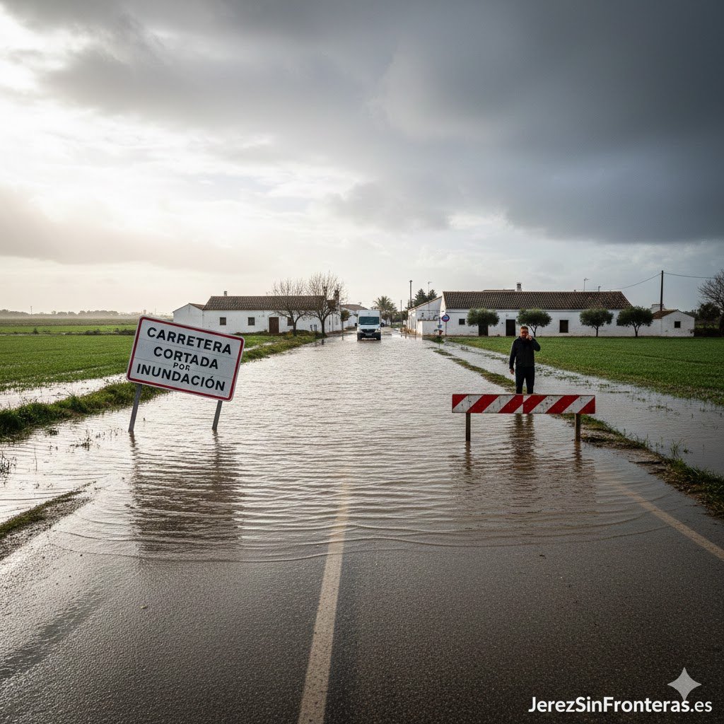 Carretera secundaria en la campiña de Jerez anegada por el agua con señal de tráfico de carretera cortada por inundación bajo un cielo nublado tras el paso de la borrasca.