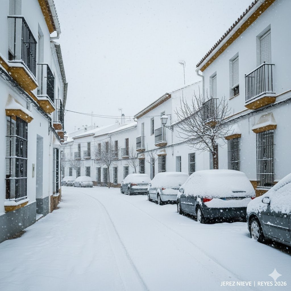 Imagen de una calle típica de Jerez de la Frontera con arquitectura de fachadas blancas y balcones de forja, cubierta por una inusual capa de nieve bajo un cielo azul despejado, representando el clima invernal del Día de Reyes 2026.