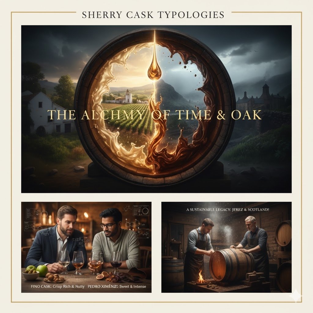 Composición visual mostrando la diversidad de los toneles de vino de Jerez y su impacto en el whisky escocés: diferentes copas de whisky con colores y acompañamientos que evocan las notas de Fino, Oloroso y Pedro Ximénez, ilustrando la influencia de cada tipo de bota en el perfil final del destilado.