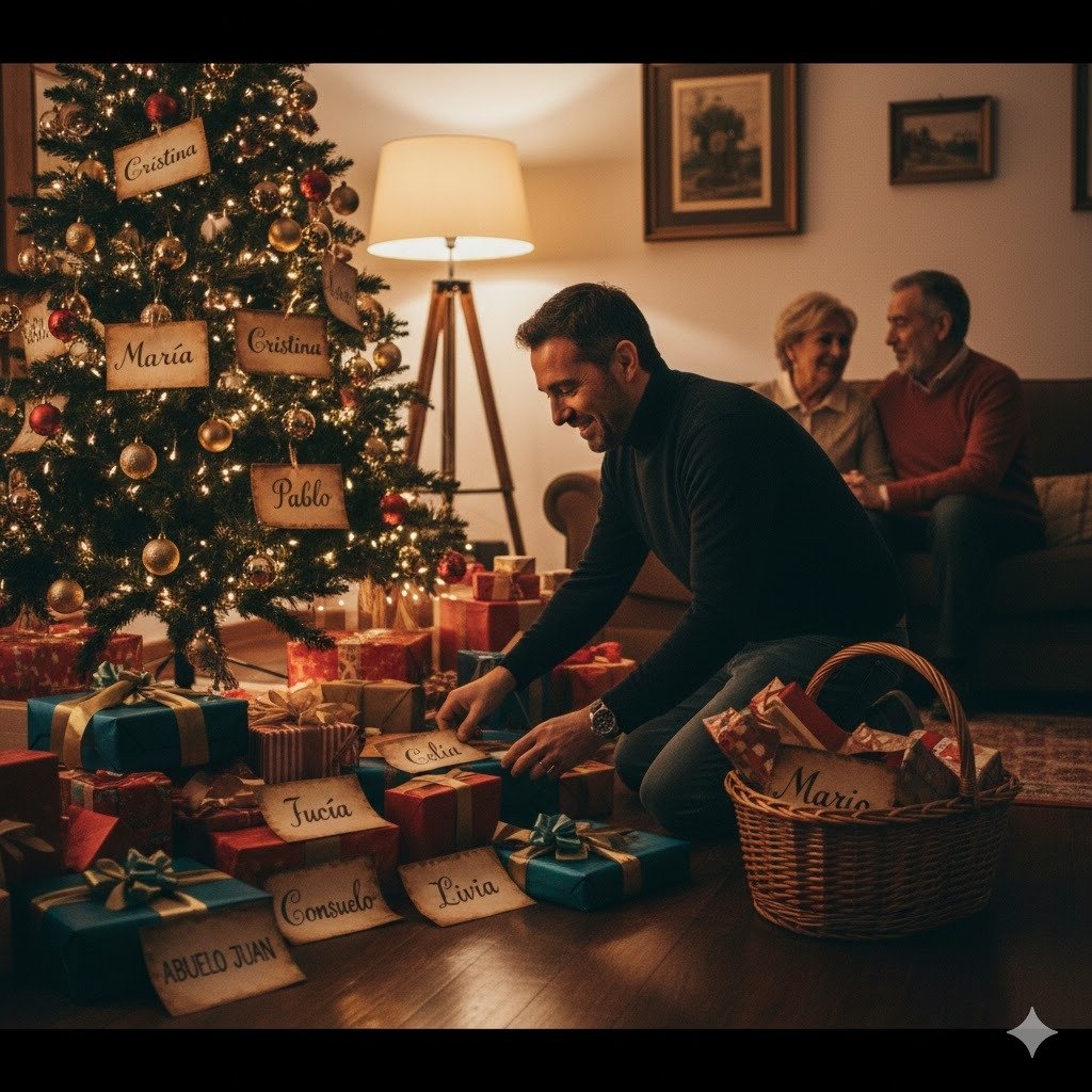 Escena interior de un salón tradicional en el centro de Jerez con luz cálida y acogedora, donde se muestran numerosos regalos cuidadosamente organizados con carteles de nombres personalizados para 13 sobrinos y 12 adultos, representando la labor del paje real y la logística secreta de los Reyes Magos en la casa de Juan y Lola.