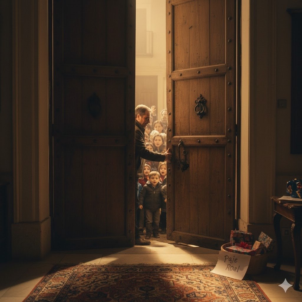 Primer plano desde el interior de una casa tradicional en el centro de Jerez, mostrando una mano apoyada sobre un antiguo portón de madera con una manilla metálica, mientras a través de las rendijas se intuye la luz y la sombra de una gran familia esperando fuera, simbolizando el momento de tensión y magia antes de abrir la puerta a los Reyes Magos.