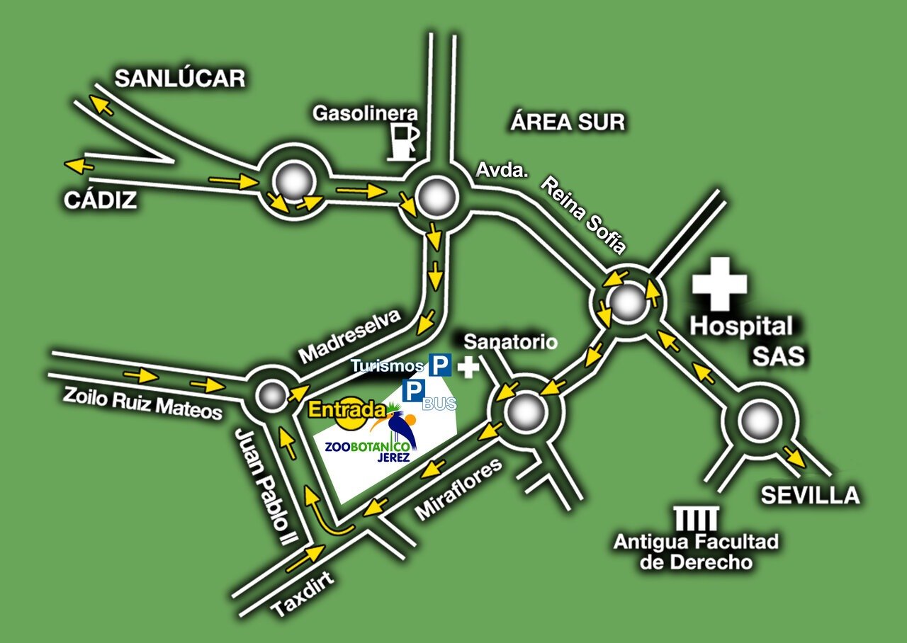 Mapa de ubicación y accesos por carretera al Zoobotánico de Jerez desde Cádiz, Sevilla y Sanlúcar, indicando la entrada principal y zonas de aparcamiento.